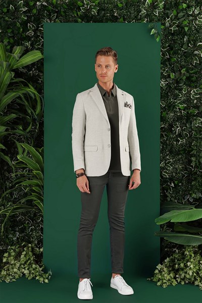 Slim Fit Mono Yaka Keten Pamuk Karışımlı Mavi Ceket C 636