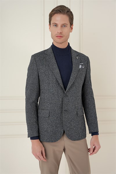 Slim Fit Mono Yaka Kırçıllı Dokuma %100 Yün Siyah Ceket C 692