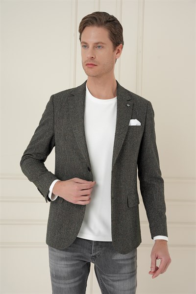 Slim Fit Mono Yaka Kırçıllı Dokuma %100 Yün Haki Ceket C 692