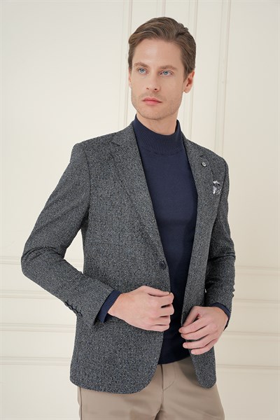 Slim Fit Mono Yaka Kırçıllı Dokuma %100 Yün Siyah Ceket C 692