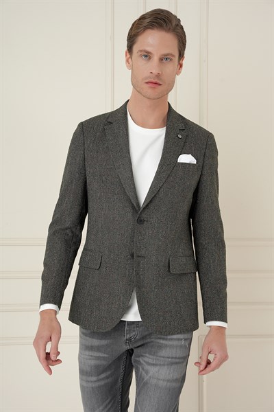 Slim Fit Mono Yaka Kırçıllı Dokuma %100 Yün Haki Ceket C 692