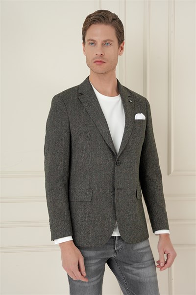 Slim Fit Mono Yaka Kırçıllı Dokuma %100 Yün Haki Ceket C 692