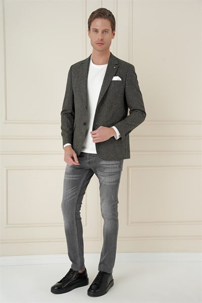 Slim Fit Mono Yaka Kırçıllı Dokuma %100 Yün Haki Ceket C 692