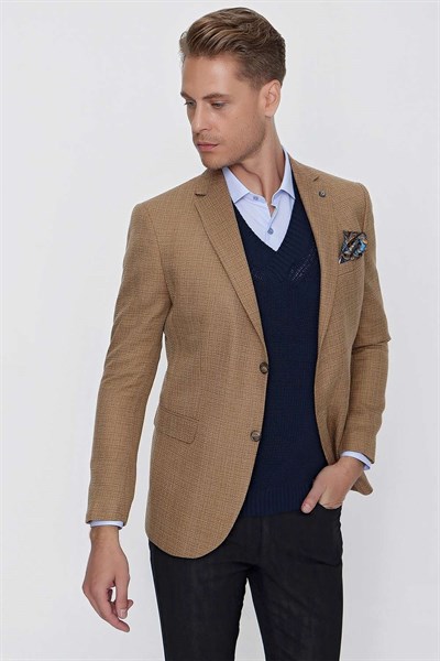 Slim Fit Mono Yaka Kırçıllı Dokuma Safran Spor Ceket C 628