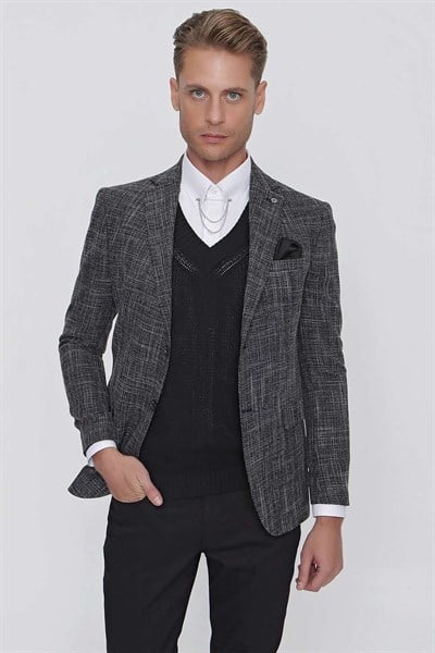 Slim Fit Mono Yaka Kırçıllı Dokuma Siyah Spor Ceket C 628