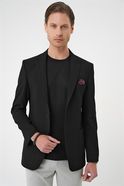 Slim Fit Mono Yaka Torba Cep Çift Yırtmaçlı Siyah Ceket C 711