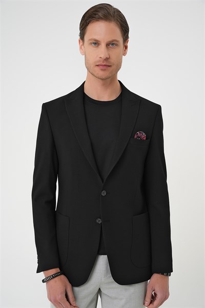 Slim Fit Mono Yaka Torba Cep Çift Yırtmaçlı Siyah Ceket C 711