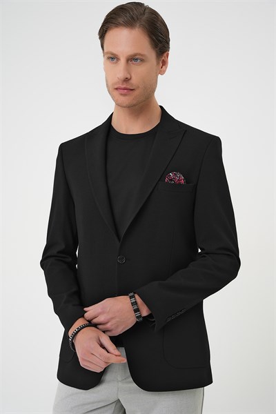 Slim Fit Mono Yaka Torba Cep Çift Yırtmaçlı Siyah Ceket C 711