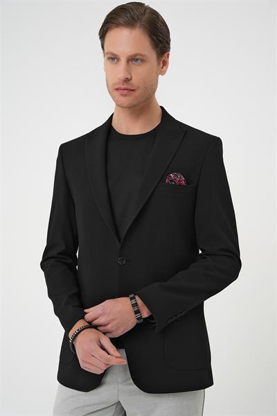 Slim Fit Mono Yaka Torba Cep Çift Yırtmaçlı Casual Siyah Ceket C 711