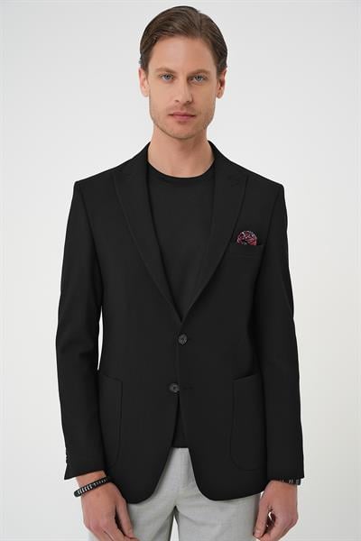 Slim Fit Mono Yaka Torba Cep Çift Yırtmaçlı Casual Siyah Ceket C 711