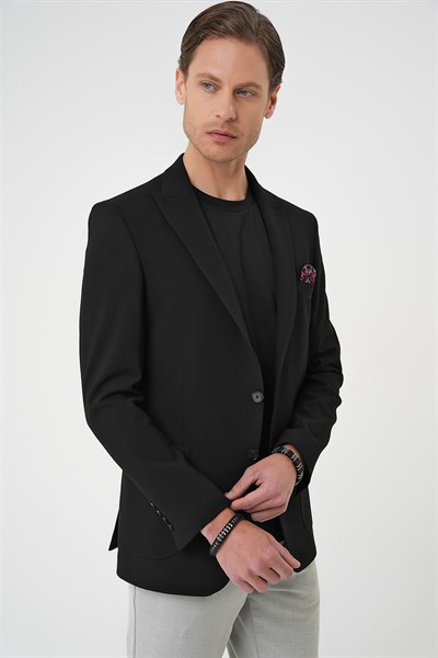 Slim Fit Mono Yaka Torba Cep Çift Yırtmaçlı Siyah Ceket C 711