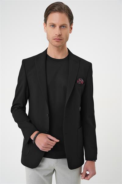 Slim Fit Mono Yaka Torba Cep Çift Yırtmaçlı Casual Siyah Ceket C 711