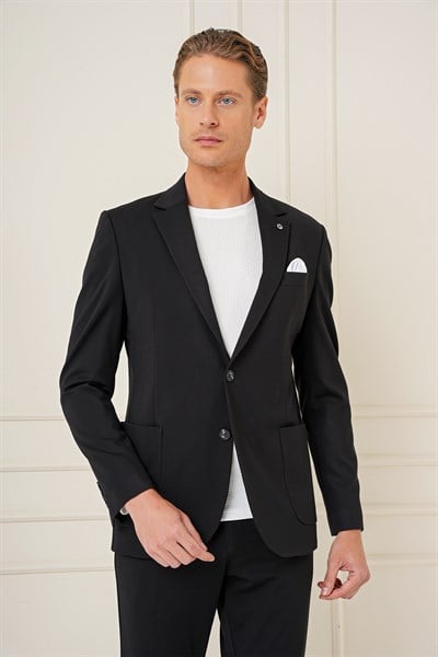 Slim Fit Mono Yaka Torba Cep Pamuklu Siyah Blazer Ceket C 690