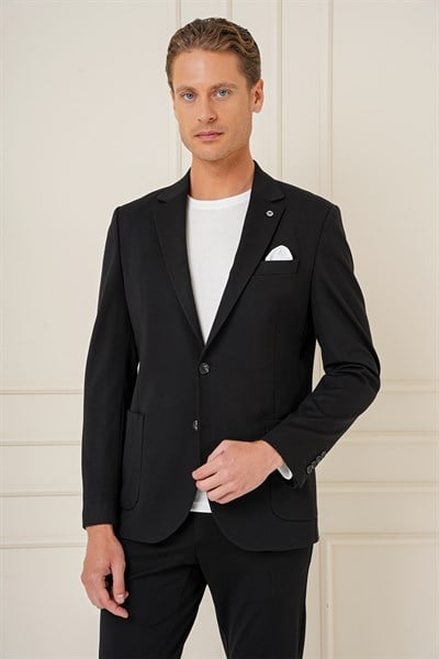Slim Fit Mono Yaka Torba Cep Pamuklu Siyah Blazer Ceket C 690