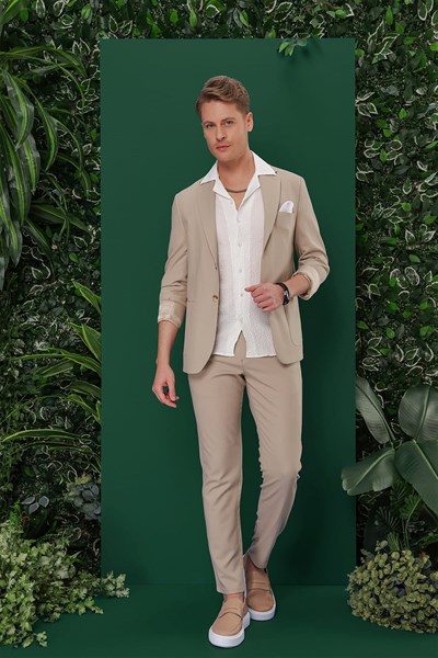 Slim Fit Mono Yaka Torba Cepli Esnek Pamuklu Bej Blazer Ceket C 639