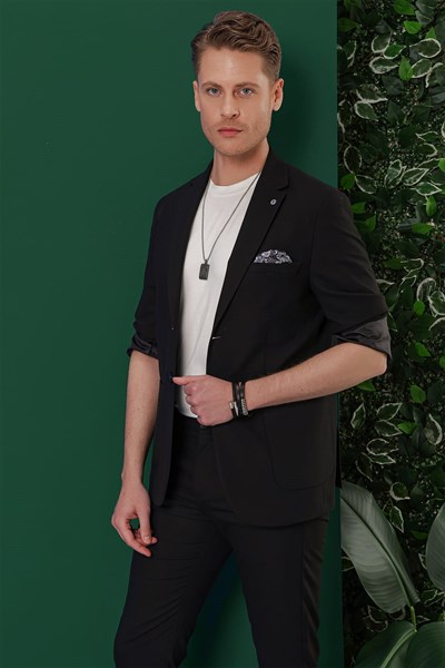 Slim Fit Mono Yaka Torba Cepli Esnek Pamuklu Siyah Blazer Ceket C 639