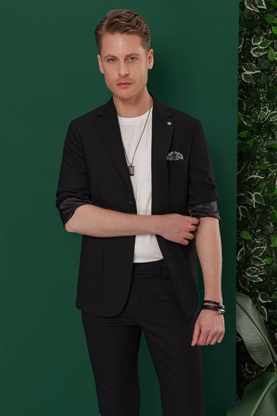 Slim Fit Mono Yaka Torba Cepli Esnek Pamuklu Siyah Blazer Ceket C 639