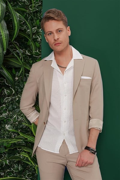 Slim Fit Mono Yaka Torba Cepli Esnek Pamuklu Bej Blazer Ceket C 639