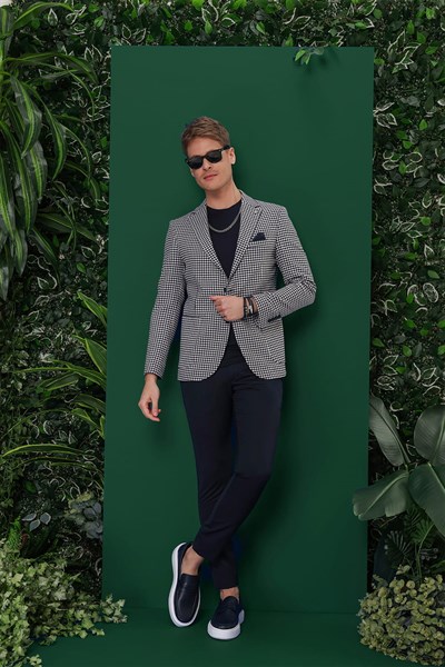 Slim Fit Mono Yaka Torba Cepli Esnek Pamuklu Pötikareli Lacivert Ceket C 638