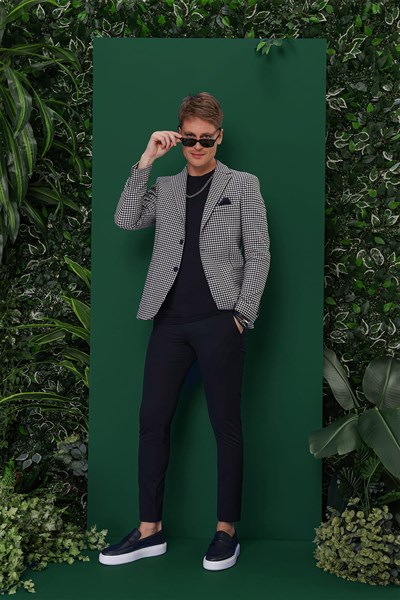 Slim Fit Mono Yaka Torba Cepli Esnek Pamuklu Pötikareli Lacivert Ceket C 638