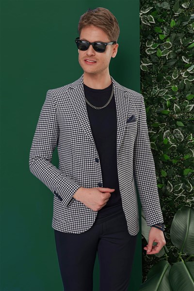Slim Fit Mono Yaka Torba Cepli Esnek Pamuklu Pötikareli Lacivert Ceket C 638