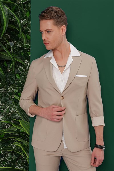 Slim Fit Mono Yaka Torba Cepli Esnek Pamuklu Bej Blazer Ceket C 639