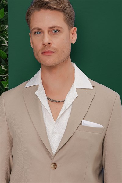 Slim Fit Mono Yaka Torba Cepli Esnek Pamuklu Bej Blazer Ceket C 639