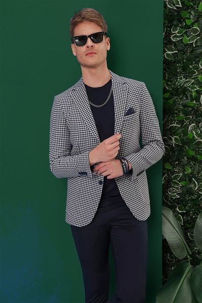 Slim Fit Mono Yaka Torba Cepli Esnek Pamuklu Pötikareli Lacivert Ceket C 638