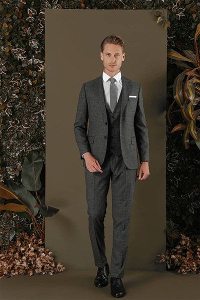 Slim Fit Mono Yaka Yünlü Antrasit Yelekli Takım Elbise TK 880