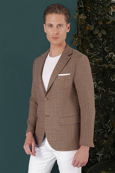 Slim Fit Mono Yaka Yünlü Buklet Dokuma Bej Ceket C 660