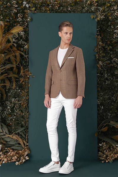 Slim Fit Mono Yaka Yünlü Buklet Dokuma Bej Ceket C 660
