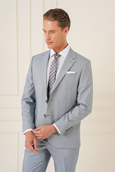 Slim Fit Mono Yaka Yünlü Esnek Gri Yelekli Takım Elbise TK 903