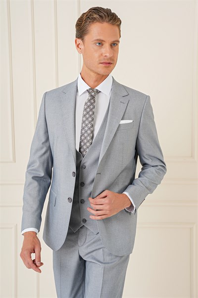 Slim Fit Mono Yaka Yünlü Esnek Gri Yelekli Takım Elbise TK 903
