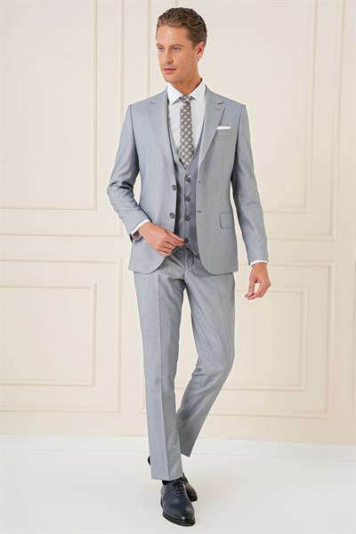 Slim Fit Mono Yaka Yünlü Esnek Gri Yelekli Takım Elbise TK 903