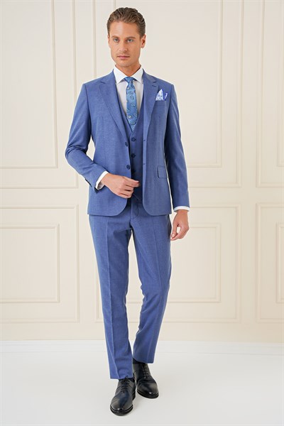 Slim Fit Mono Yaka Yünlü Esnek İndigo Mavi Yelekli Takım Elbise TK 903
