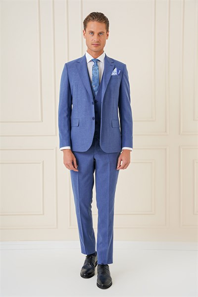 Slim Fit Mono Yaka Yünlü Esnek İndigo Mavi Yelekli Takım Elbise TK 903