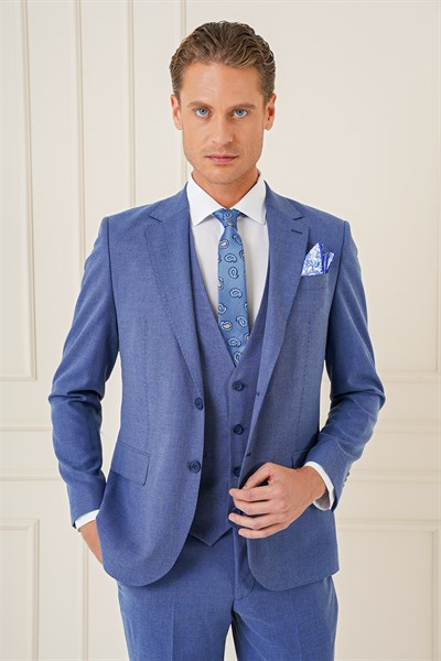 Slim Fit Mono Yaka Yünlü Esnek İndigo Mavi Yelekli Takım Elbise TK 903