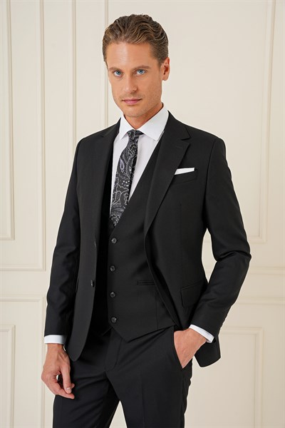 Slim Fit Mono Yaka Yünlü Esnek Siyah Yelekli Takım Elbise TK 903