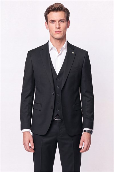 Slim Fit Mono Yaka Yünlü Yelekli Siyah Takım Elbise TK 943