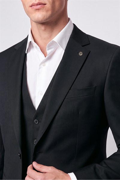 Slim Fit Mono Yaka Yünlü Yelekli Siyah Takım Elbise TK 943