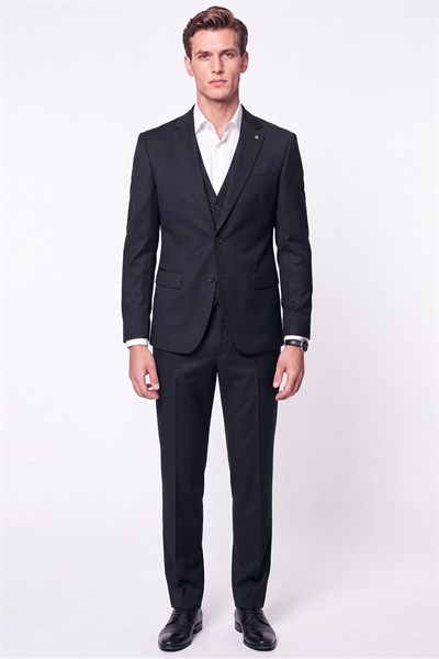 Slim Fit Mono Yaka Yünlü Yelekli Siyah Takım Elbise TK 943