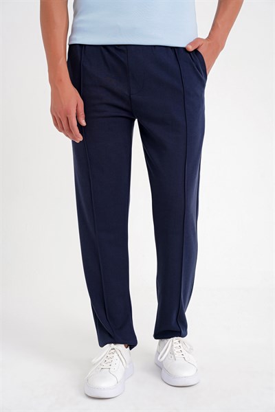 Slim Fit Önden Pens Detaylı Yan Cep %97 Pamuk Lacivert Jogger Pantolon ATP 034
