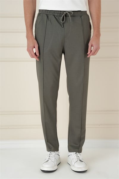 Slim Fit Önden Pens Detaylı Yan Cep %97 Pamuk Haki Jogger Pantolon ATP 034