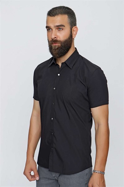 Slim Fit Önden Pensli %100 Pamuk Çıtçıtlı Kısa Kollulu Siyah Gömlek GK 659