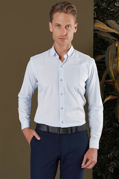 Slim Fit Önden Pensli Düğmeli Yaka Mavi Uzun Kollu Gömlek GK 691