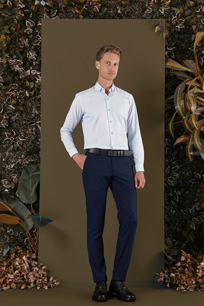Slim Fit Önden Pensli Düğmeli Yaka Mavi Uzun Kollu Gömlek GK 691