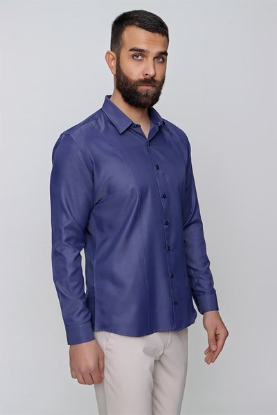 Slim Fit Önden Pensli Pamuklu Pamuklu İndigo Gömlek GK 635