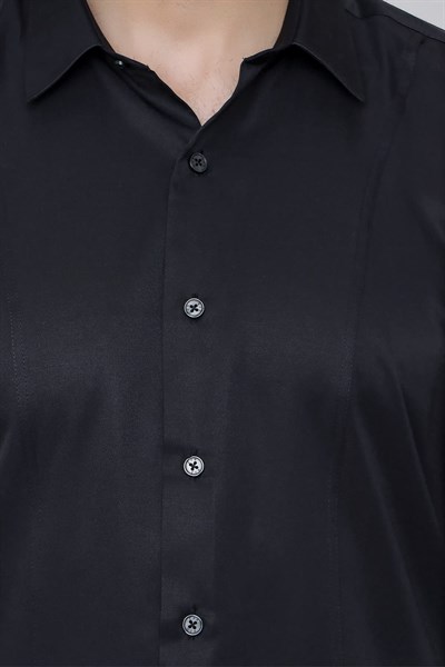 Slim Fit Önden Pensli Pamuklu Siyah Gömlek GK 635