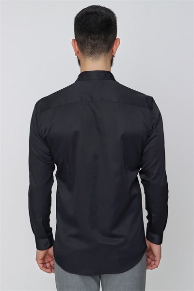 Slim Fit Önden Pensli Pamuklu Siyah Gömlek GK 635