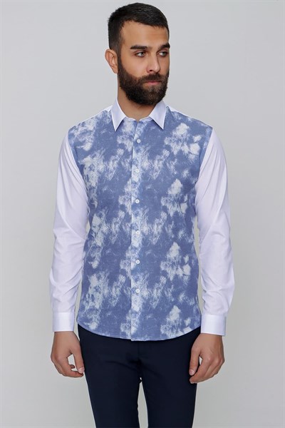 Slim Fit Önü Batik Desenli Spor Saks Gömlek G 1482
